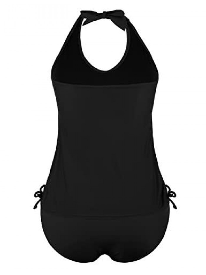 Women's Ruched Two Piece Bathing Suits Tummy Control Swimwear Halter Tankini Swimsuits V Neck Swim Top with Shorts 