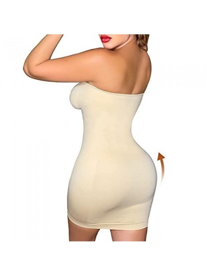 Women's Strapless Shapewear Slip Under Dress Seamless Tummy Control Full Body Slip Shaper Nude 