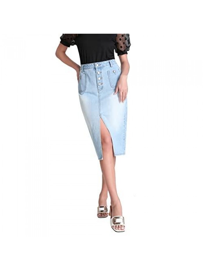 Front Split Midi Knee Length Button Stretchy Denim Pencil Skirt 