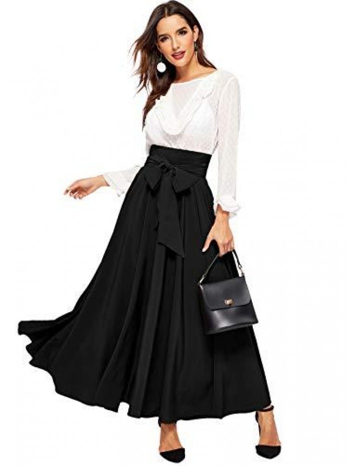 Women's Elegant High Waist Skirt Tie Front Pleated Maxi Skirts 