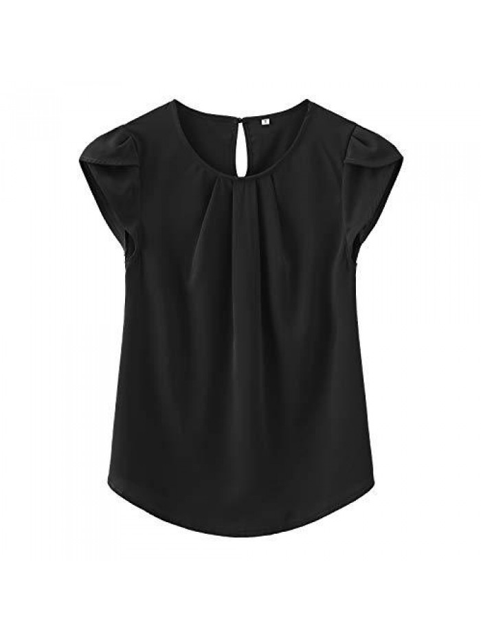 Women's Casual Round Neck Basic Pleated Top Cap Sleeve Curved Keyhole Back Chiffon Blouse 