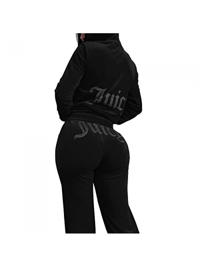 Tracksuit 2 Piece Set Velour Rhinestone Letters Full Zip Crop Hoodie Pants Joggers Outfits 