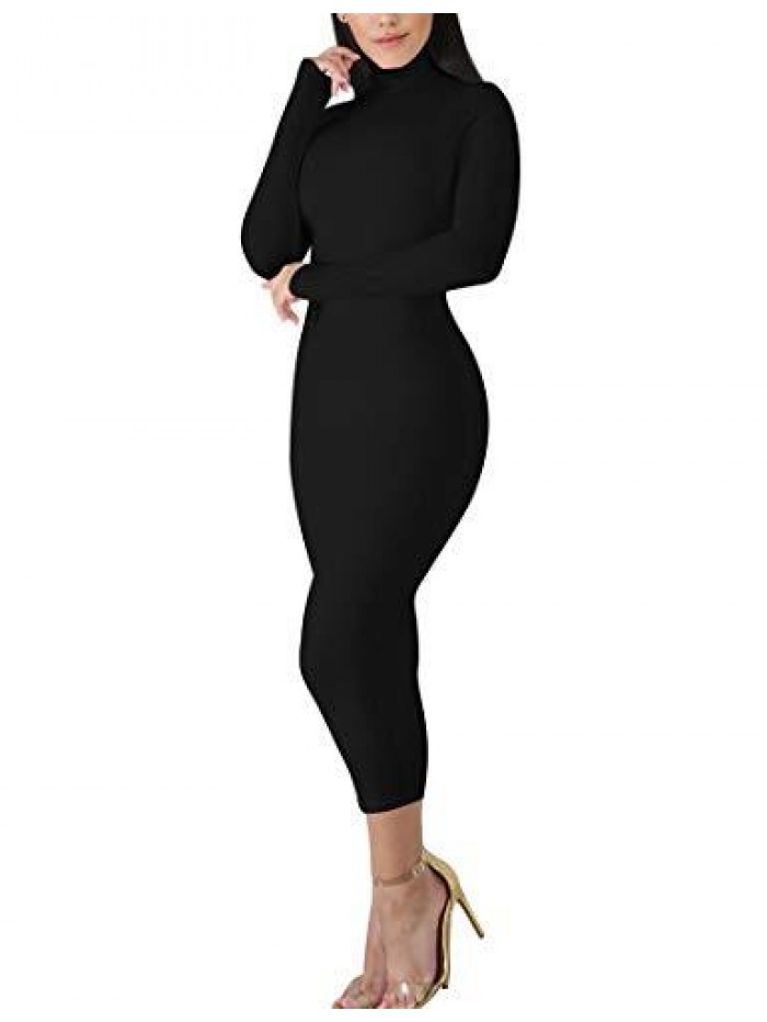 Women's Sexy Basic Long Sleeve Turtleneck Bodycon Party Long Pencil Dress 
