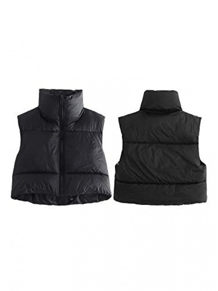 Winter Crop Vest Zip Up Stand Collar Sleeveless Cropped Puffer Vest Lightweight Padded Gilet Warm Outerwear 