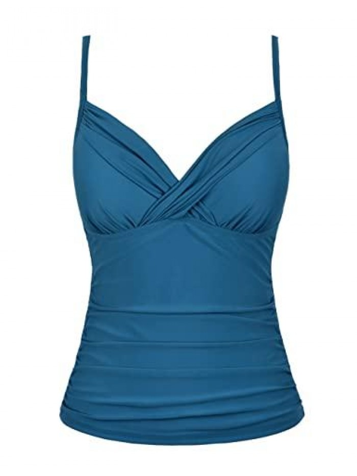 Women's Tankini Tops Ruched Swimsuits Tummy Control Swimwear Cross Wrap V Neck Bathing Suit Top Only 