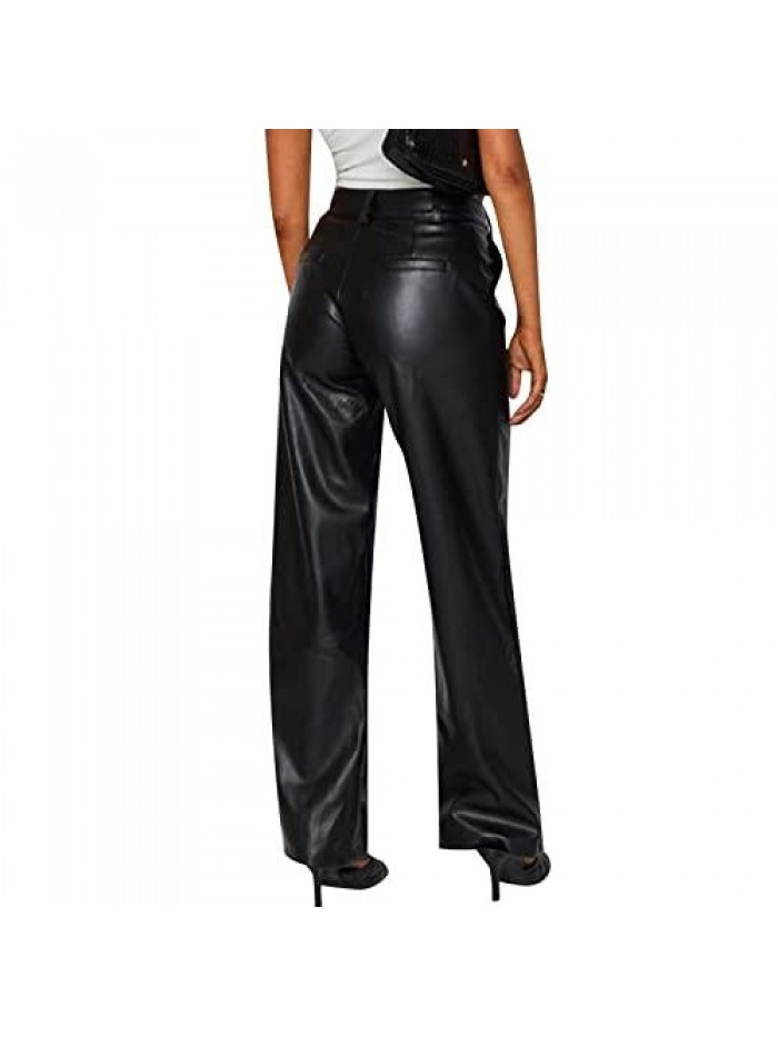 Faux Leather Pants Vintage Y2k Leisure Straight Wide Leg Slim Trousers Streetwear 