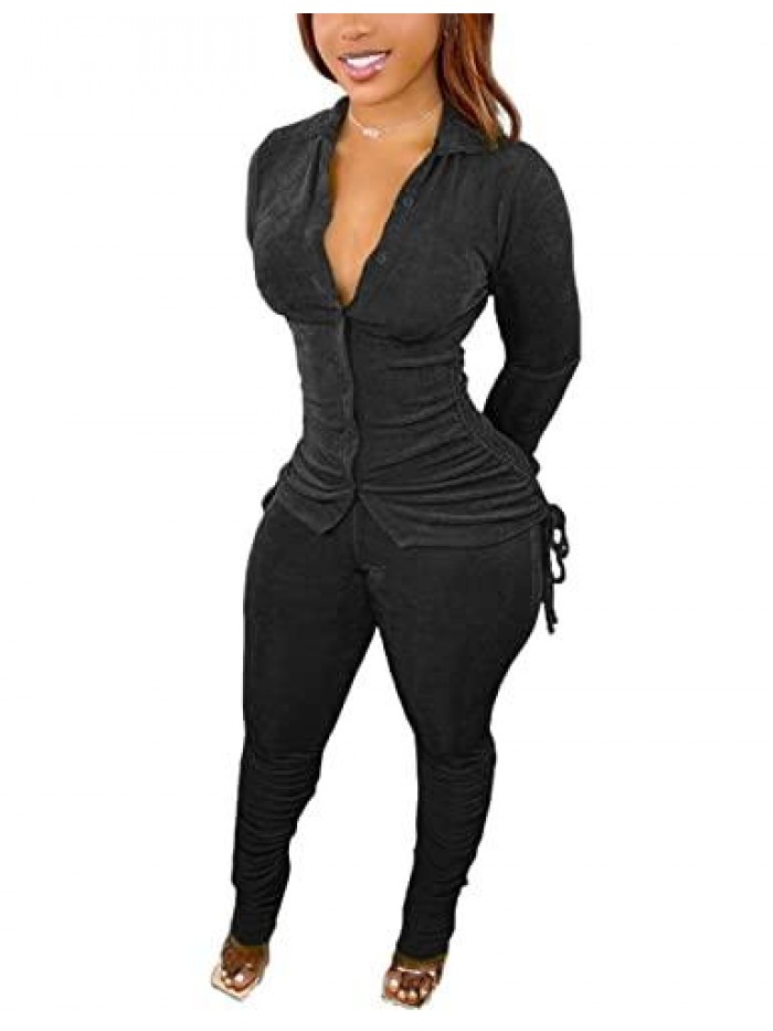 Sweatsuits for Women Set 2 Piece Tracksuit Velvet Ruched Long Sleeve Shirts and Jogging Pants Outfits 