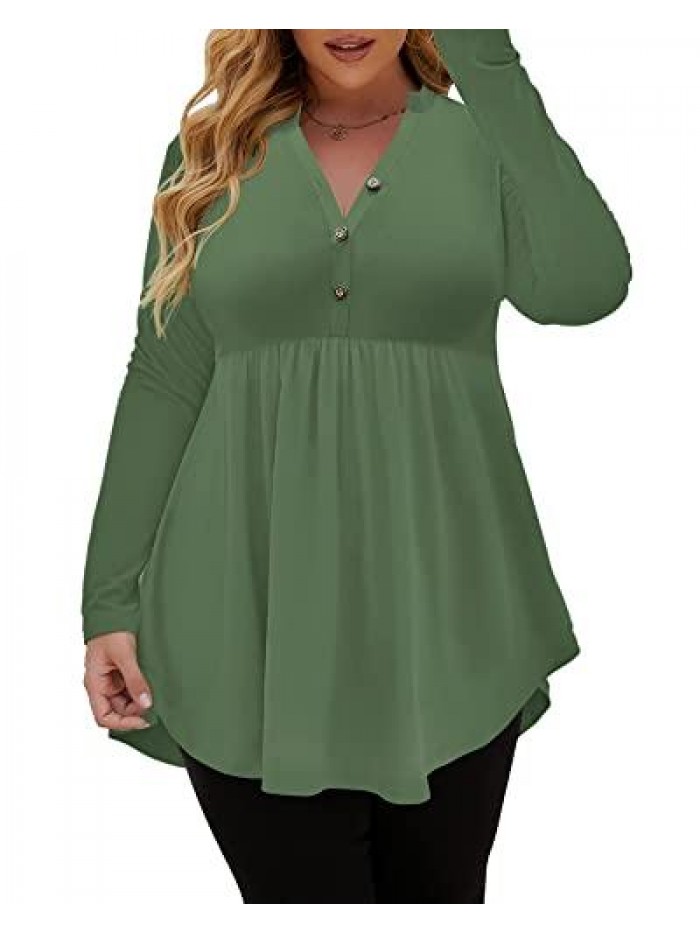 Women's Plus Size Henley Shirts V Neck Button Tunic Tops Long Sleeve Tunics 