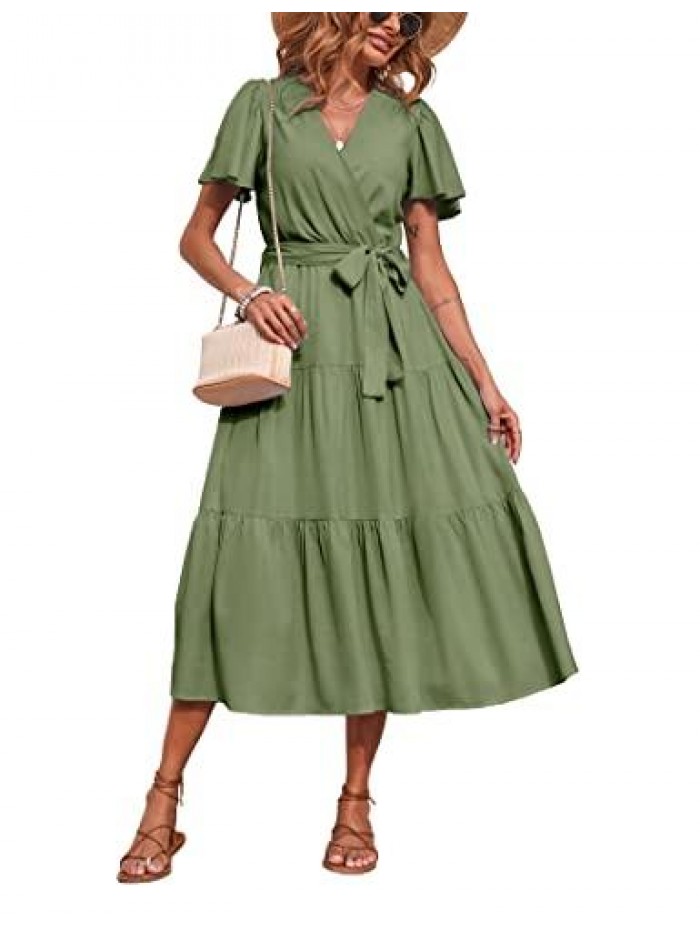 Women's Summer Wrap V Neck Ruffle Sleeve Tiered Midi Dress Tie Waist Flowy Long Beach Dress 