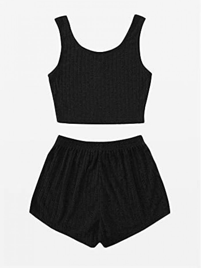 Women's 2 Piece Sleeveless Button Crop Tank Tops and Shorts Lounge Set 