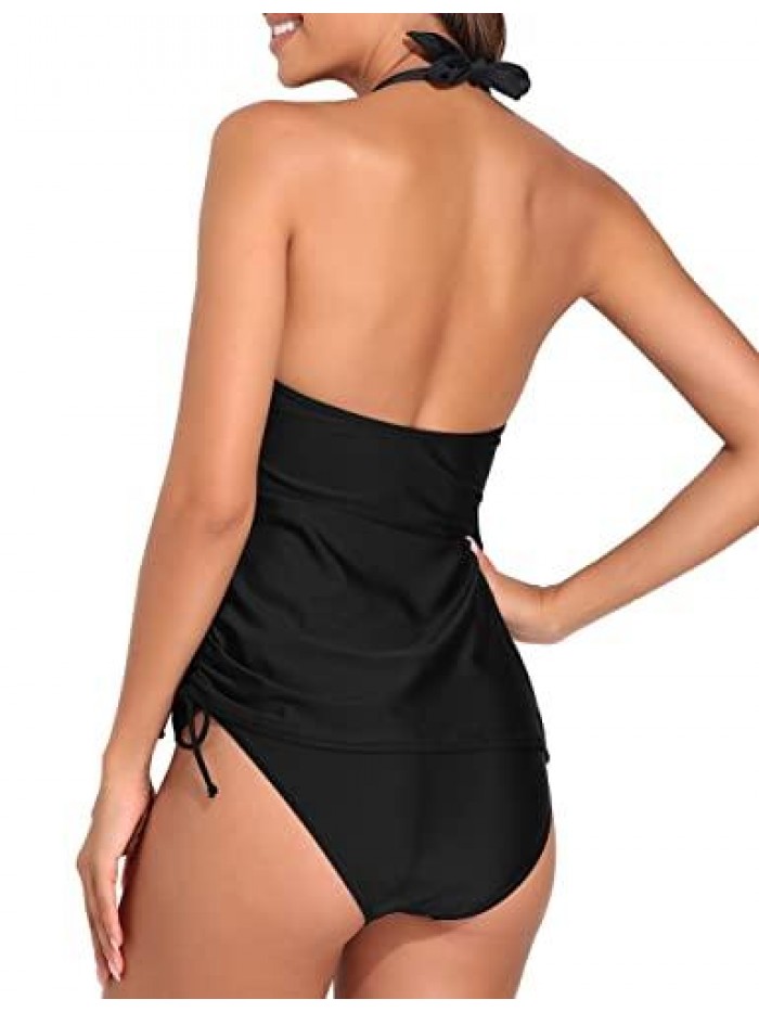 Women's Ruched Two Piece Bathing Suits Tummy Control Swimwear Halter Tankini Swimsuits V Neck Swim Top with Shorts 