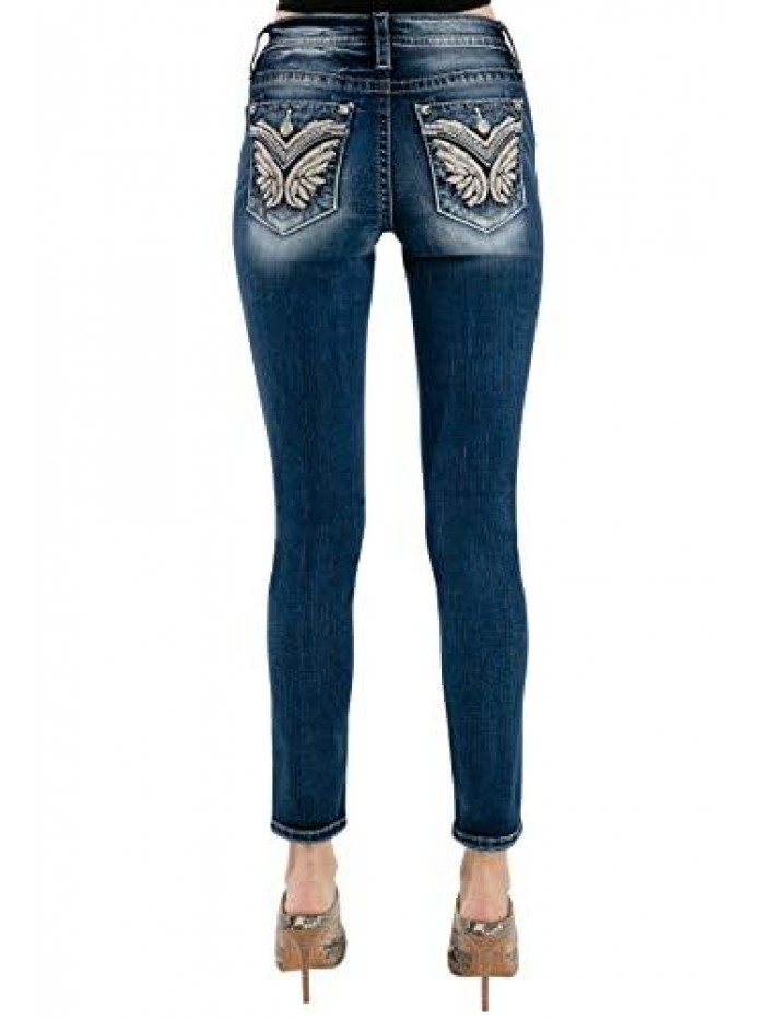 Me Women's Mid-Rise Skinny Jeans with Embellished Wing Designs on Faux Flap Pockets 