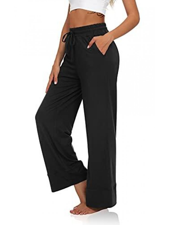 Women's Wide Leg Yoga Pants Drawstring Workout Lounge Pants Comfy Pajamas Pants with Pockets 