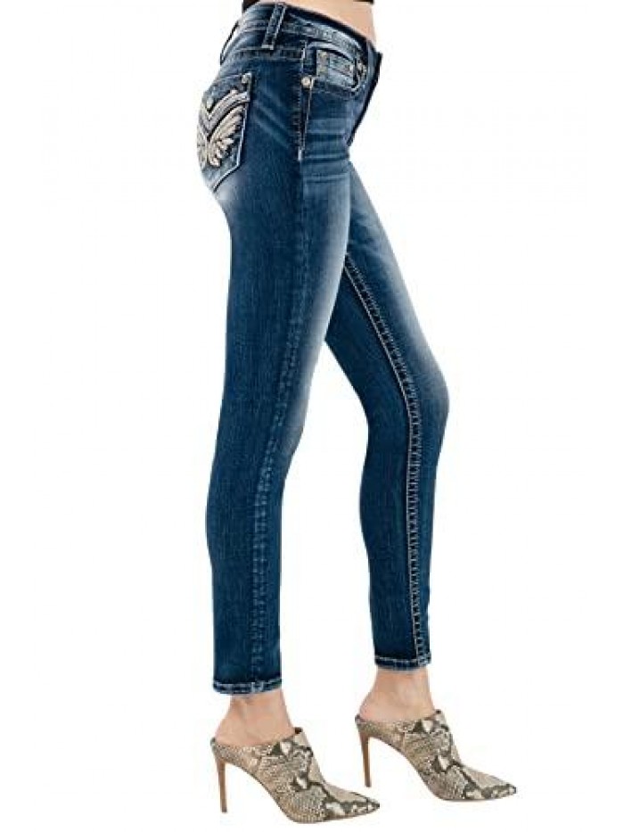 Me Women's Mid-Rise Skinny Jeans with Embellished Wing Designs on Faux Flap Pockets 