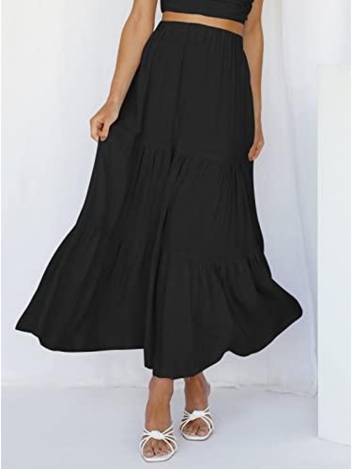 Women's Boho Elastic High Waist Ruffle A Line Swing Beach Long Maxi Skirt with Pockets 