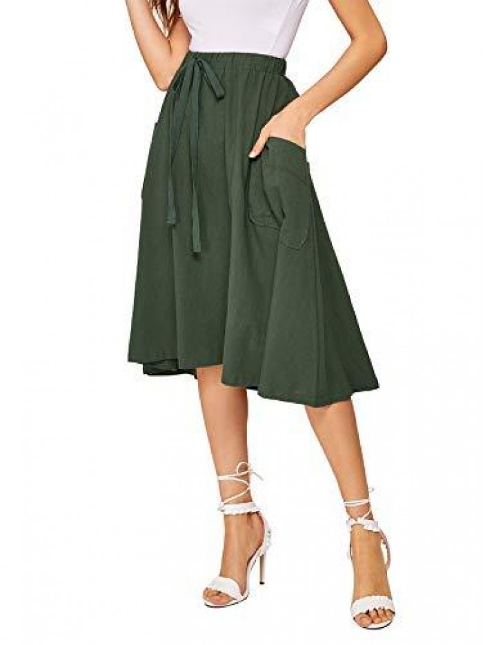 Women's Casual High Waist Pleated A-Line Midi Skirt with Pocket 