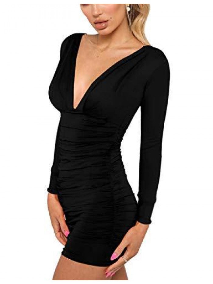 Women's Sexy Long Sleeve V Neck Ruched Bodycon Mini Party Cocktail Dress 