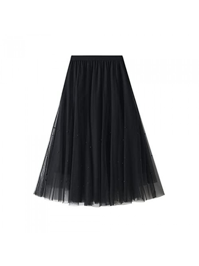 A-Line Tulle Skirt Elastic Waist Layered Mesh Midi Skirt Flowy Pleated Tulle Skirt for Wedding Party 