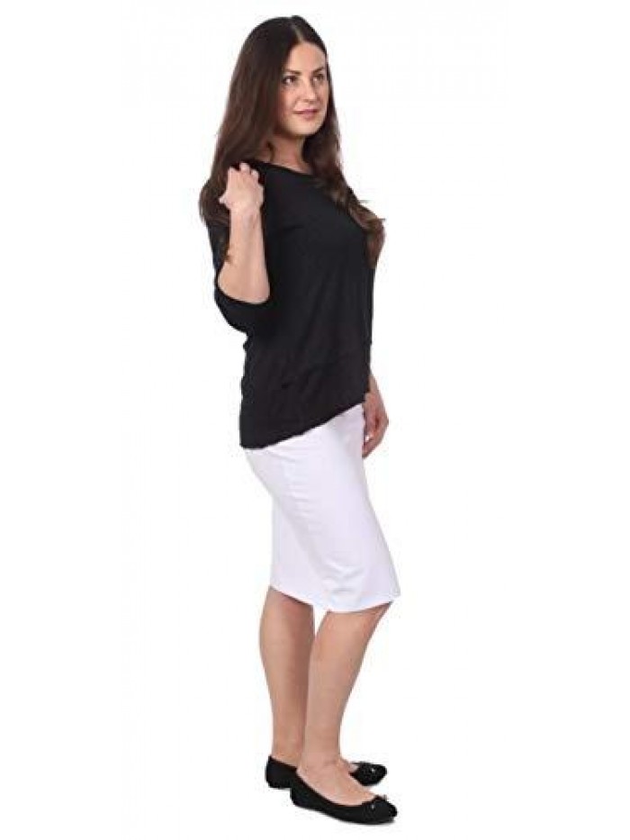 Casual Women's Modest Knee Length Stretch Pencil Skirt in Lightweight Cotton Spandex 