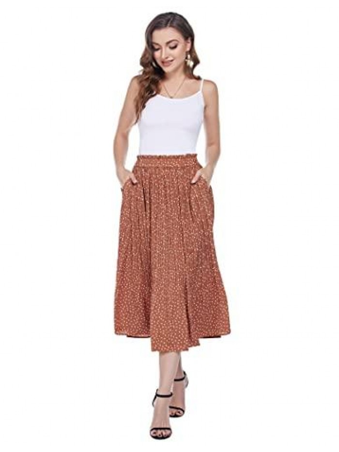 Women's Midi Skirts Elastic High Waist Skirt Polka Dot Casual Pleated Skirt with Pockets 