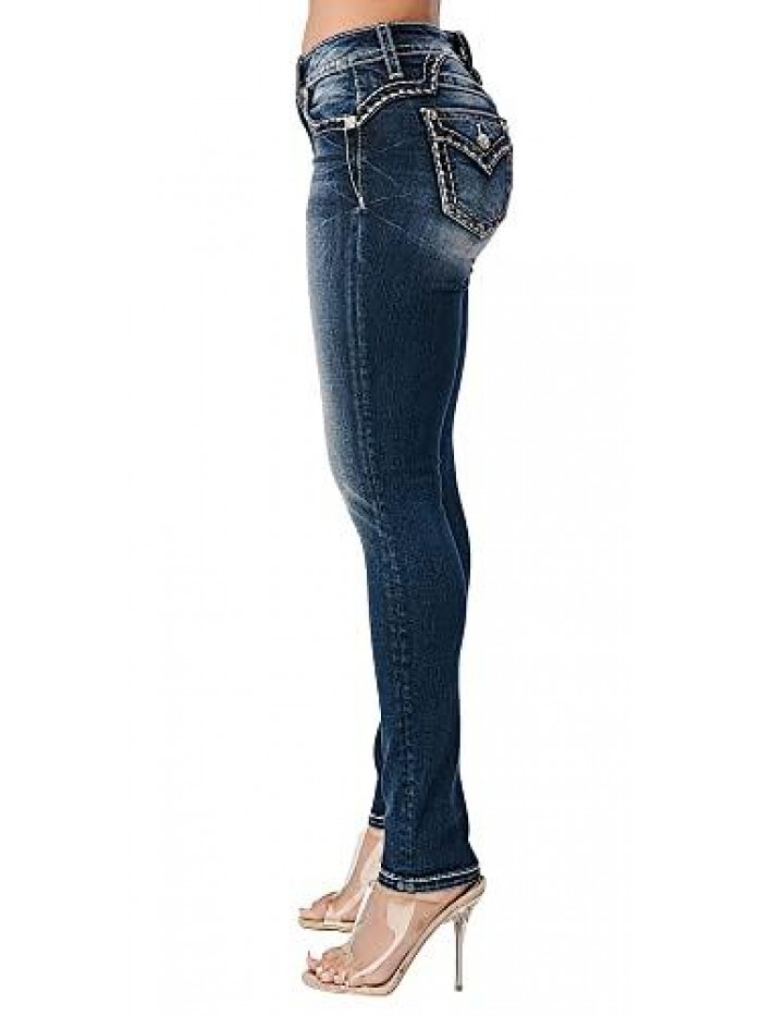 Me Women's Mid-Rise Skinny Jeans with Faux Flap Border Stitch and Pinch Yoke 