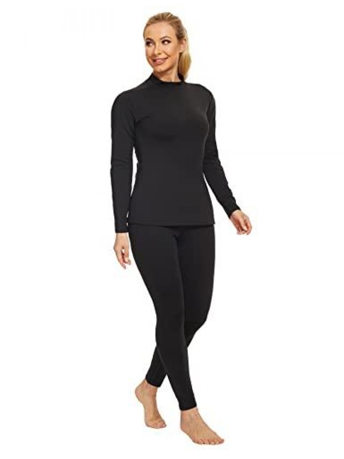 Women's Mock Turtle Neck Fleece Thermal Underwear Long Sleeve Compression Base Layer Set 