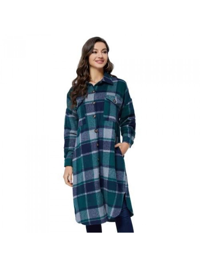 Womens Long Plaid Shacket Jacket Casual Fashion Lapel Button Down Long Sleeve Long Plaid Coat with Pockets 