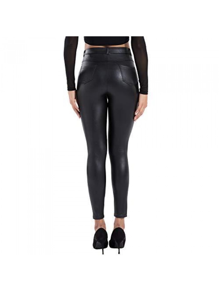 Faux Leather Leggings for Women High Waisted Pleather Pants Stretch Tights with Pockets 