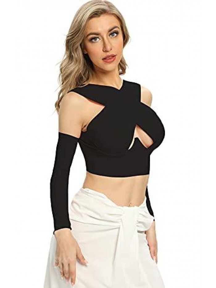 Women's Cut Out Crisscross Halter Vest Wrap Crop Top Sexy Blouse with Long Sleeve 