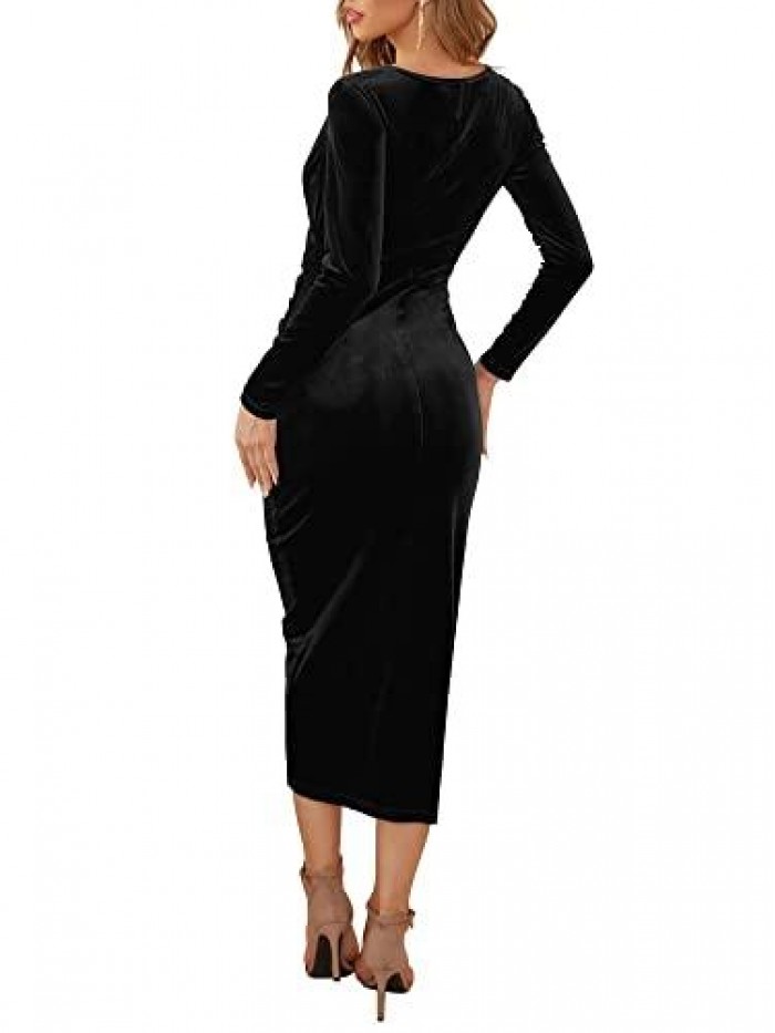 Long Sleeve Velvet Wrap Cocktail Party Dress for Women Long Formal Wedding Guest Dress 