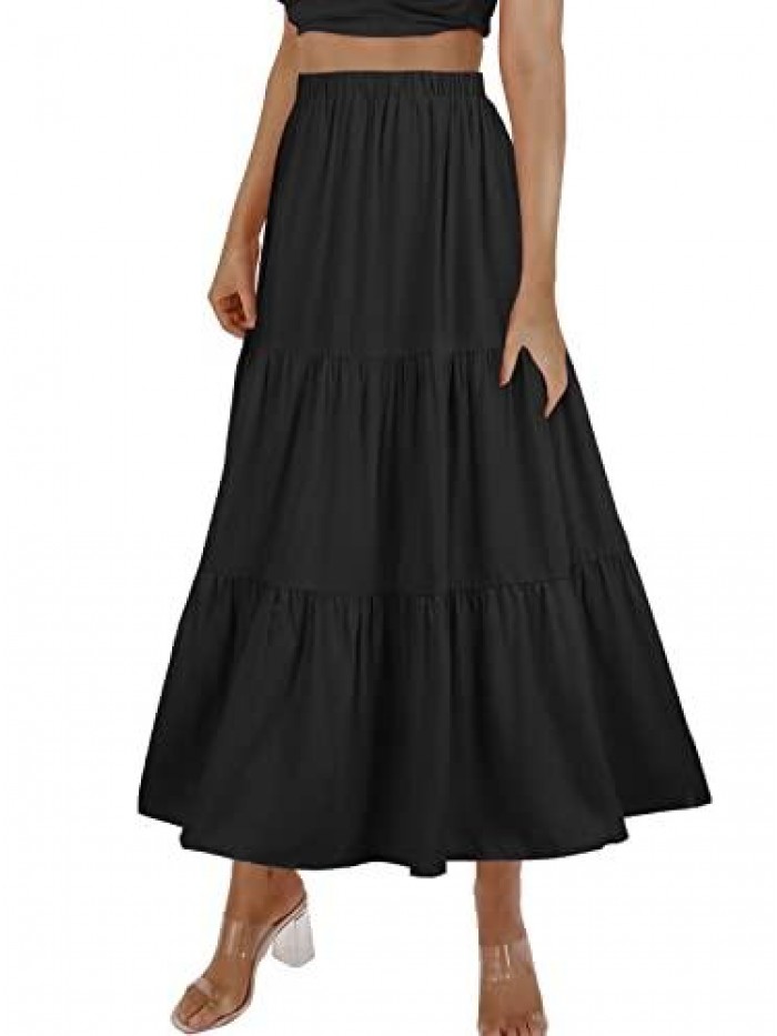 Women's Boho Elastic High Waist Ruffle A Line Swing Beach Long Maxi Skirt with Pockets 