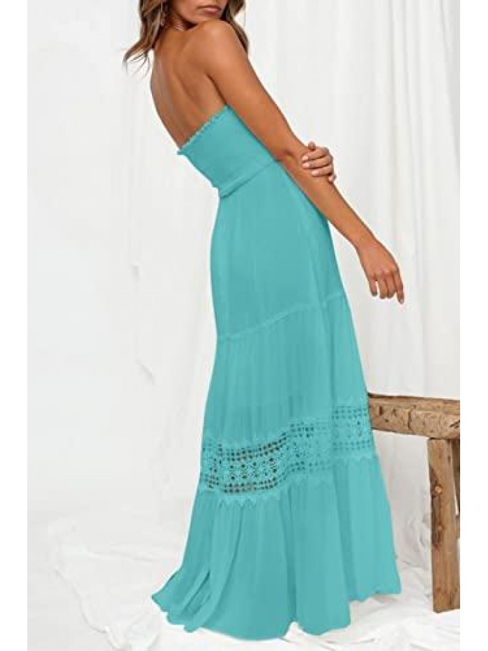 Womens Summer Bohemian Strapless Off Shoulder Lace Trim Backless Flowy A Line Beach Long Maxi Dress 