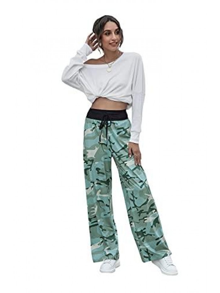 Comfy Casual Elk Print High Waist Drawstring Pajama Pants Casual Loose Wide Leg Pants Sweatpants Trousers 