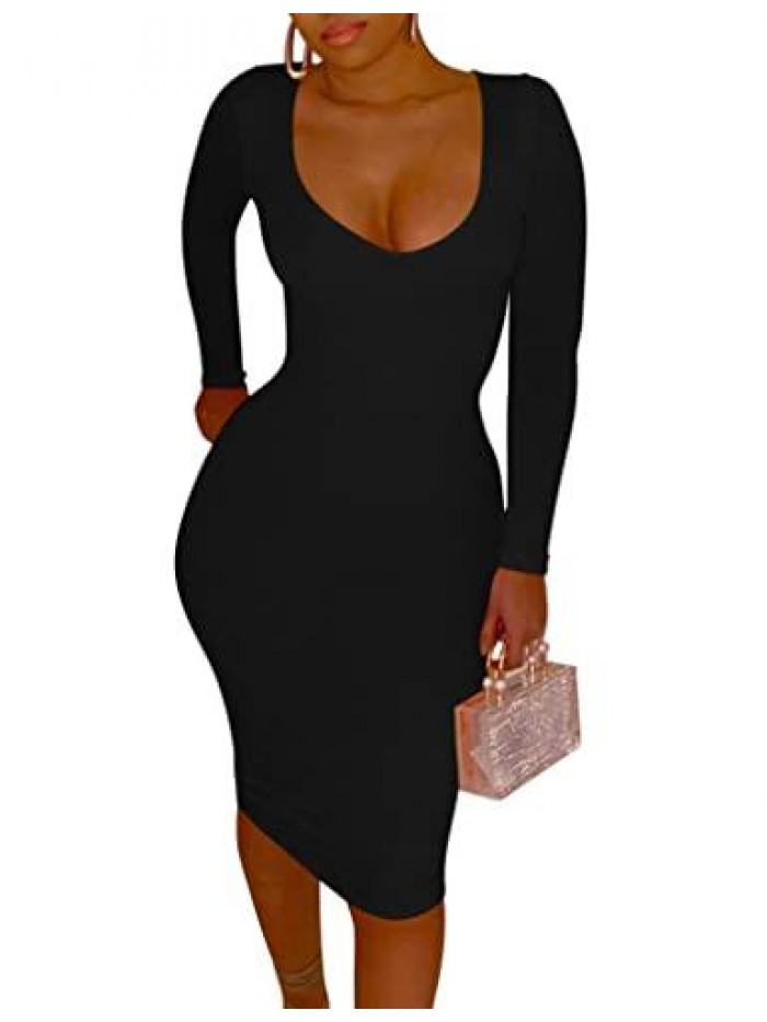 Women's Sexy Long Sleeve Bodycon V Neck Midi Club Party Pencil Dresses 