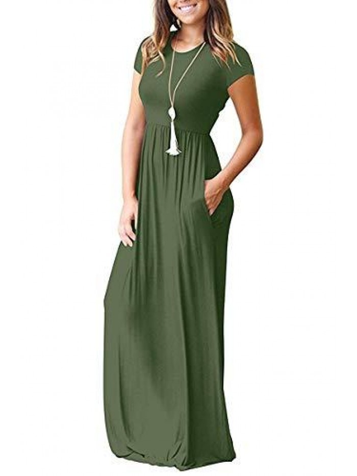 Women Short Sleeve Loose Plain Casual Long Maxi Dresses with Pockets 