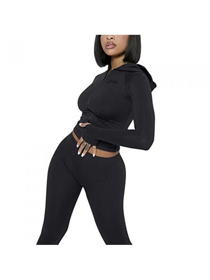 Women 2 Piece Long Sleeve Hoodie Zipper Front Tracksuit Bodycon Sweatsuit Jogger Outfits Sweatpants Sets 