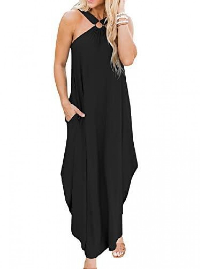 Women's Summer Casual Criss Cross Sundress Sleeveless Split Maxi Long Beach Dress with Pockets 