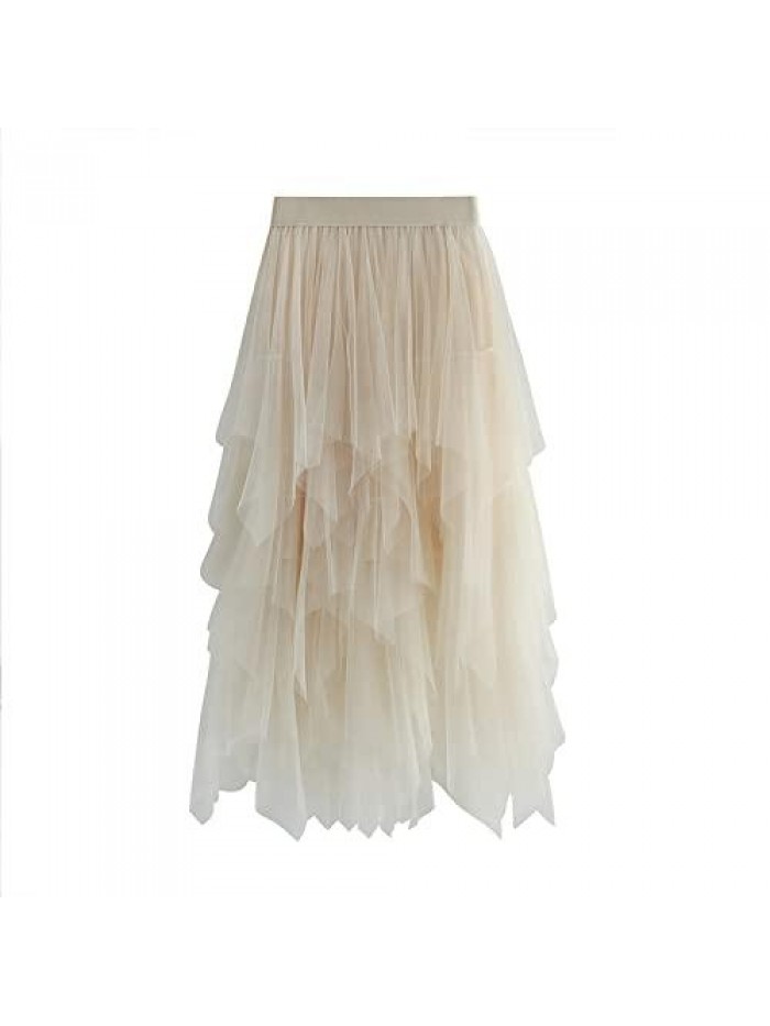 Tulle Skirt Sheer Mesh Layered High Waist Tutu Skirt Irrgular Ruffles Hem A-Line Midi Skirt Party Prom Dress 