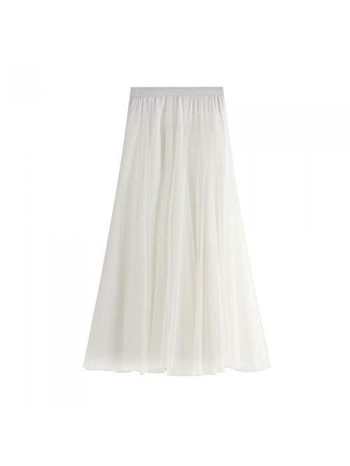 Mesh Long Skirt Solid Color Pleated Chiffon High Waistlayered Lace Long Tulle Skirts for Womens 