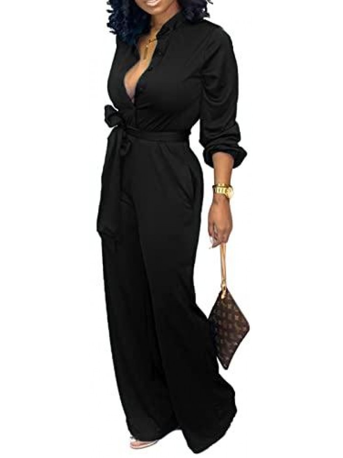 Sexy Jumpsuits Elegant Long Sleeve Straight Long Pants Clubwear Rompers with Pockets 
