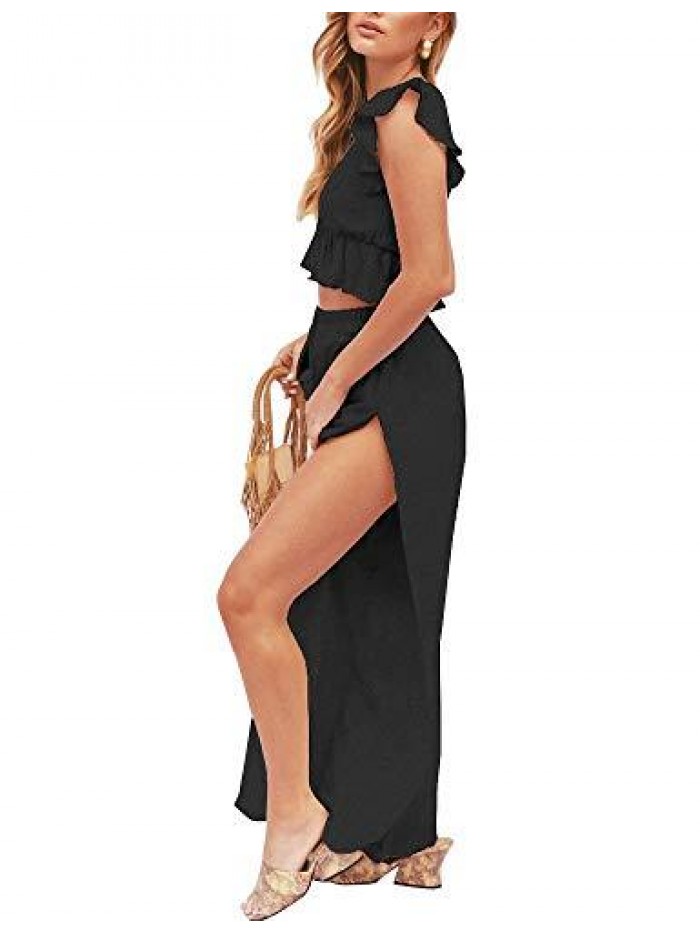 Womens 2 Pieces Outfits Deep V Neck Crop Top Side Slit Drawstring Wide Leg Pants Set Jumpsuits 