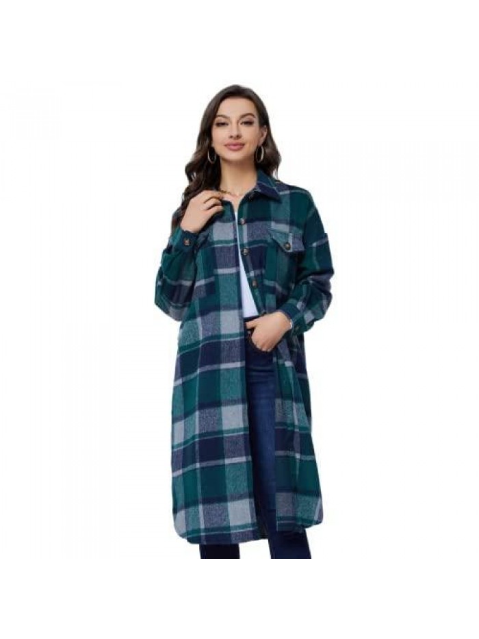 Womens Long Plaid Shacket Jacket Casual Fashion Lapel Button Down Long Sleeve Long Plaid Coat with Pockets 