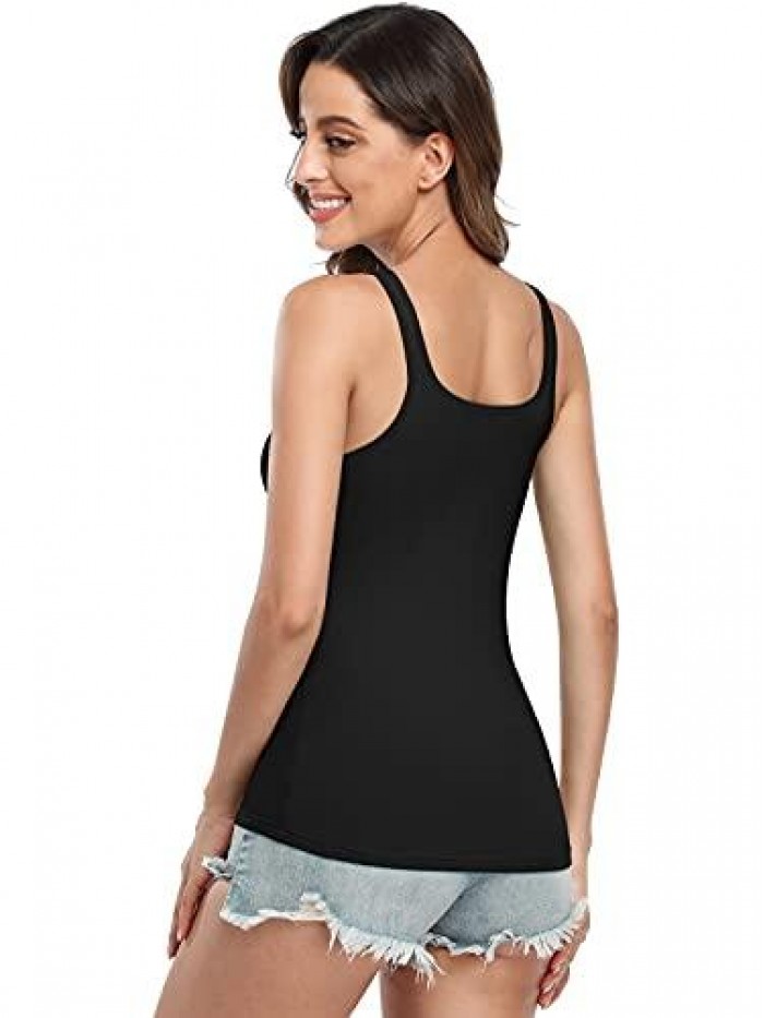 FOR CITY Tank Top for Women with Built-in Shelf Bra Cotton Wide Strap Camisole Square Neck Cami Tanks 2 Pack 