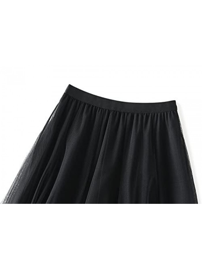 A-Line Tulle Skirt Elastic Waist Layered Mesh Midi Skirt Flowy Pleated Tulle Skirt for Wedding Party 