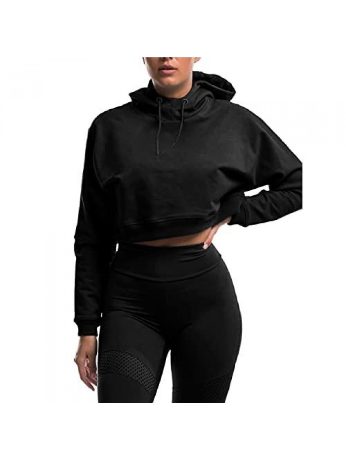 Crop Top Hoodie Workout Long Sleeve Casual Cute Pullover Cropped Sweatshirt Loose Solid Drawstring Top 