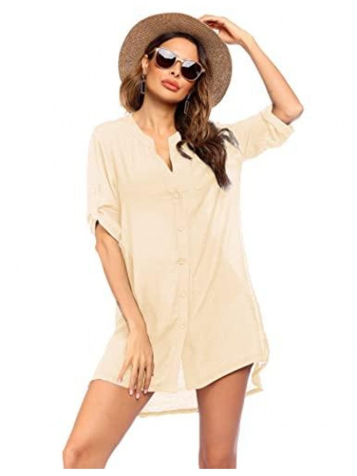 Women's Cover Up Shirt V-Neck Swimsuit Beach Bikini Beachwear Button Down Bathing Suit S-3XL 