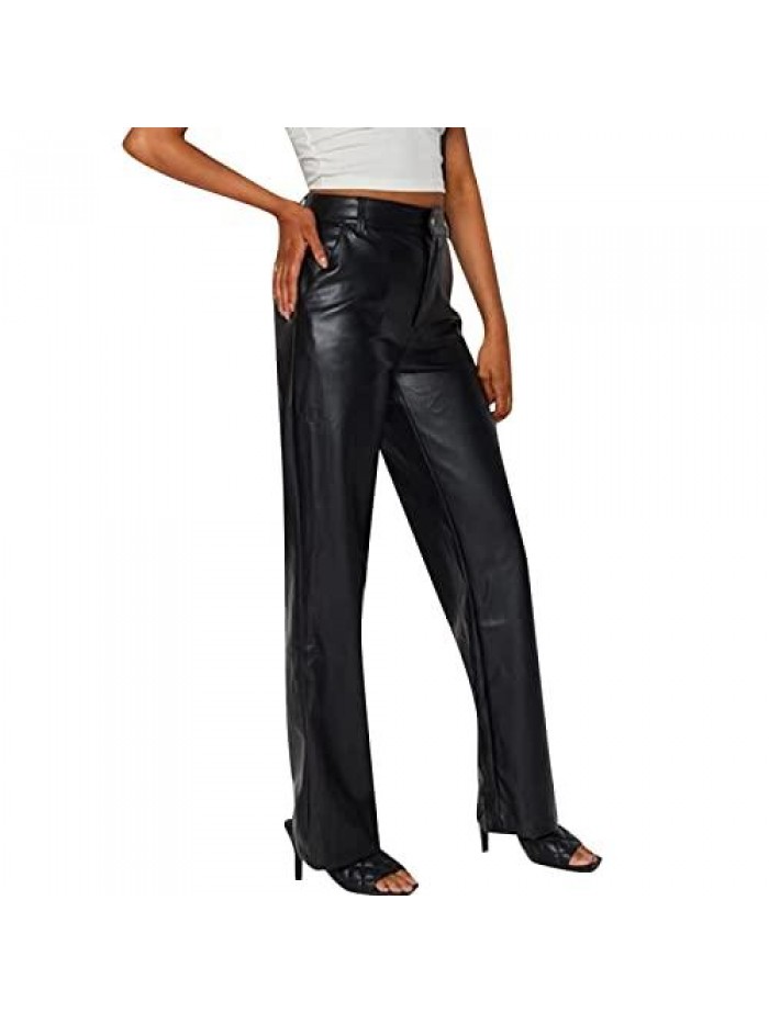 Faux Leather Pants Vintage Y2k Leisure Straight Wide Leg Slim Trousers Streetwear 