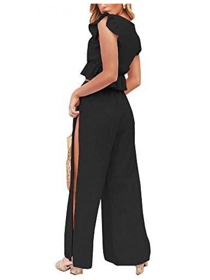 Womens 2 Pieces Outfits Deep V Neck Crop Top Side Slit Drawstring Wide Leg Pants Set Jumpsuits 