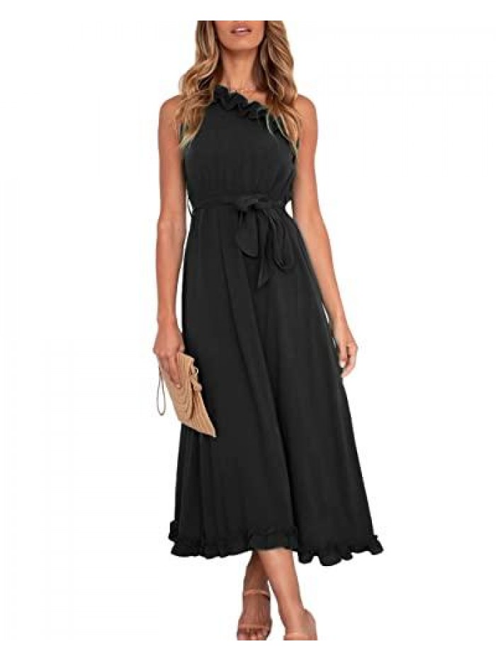 Women’s Sexy One Shoulder Sleeveless Solid Midi Dress Summer Ruffle Elegant Cocktail Long Dress with Waist Belt 