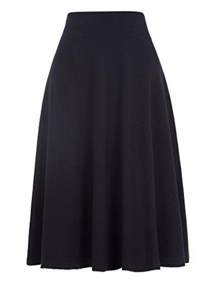 Kasin Flared Stretchy Midi Skirt High Waist Jersey Skirt for Women 